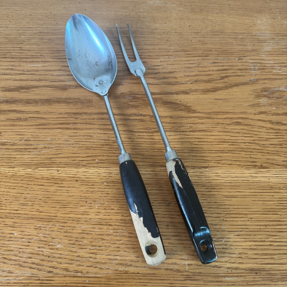 Vintage EKCO Chromium Plated Serving Spoon and Meat Fork Set Black Wood Handle